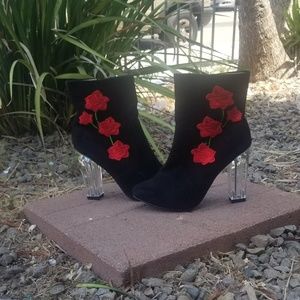 Embroidered Rose Black Heels